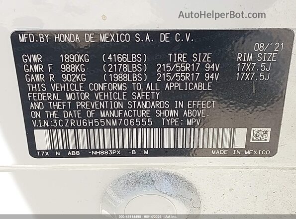 3CZRU6H55NM706555 2022 HONDA HR-V White Engine compartment view