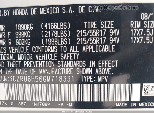 3CZRU6H56GM718331 2016 HONDA HR-V White Vista del compartimento del motor