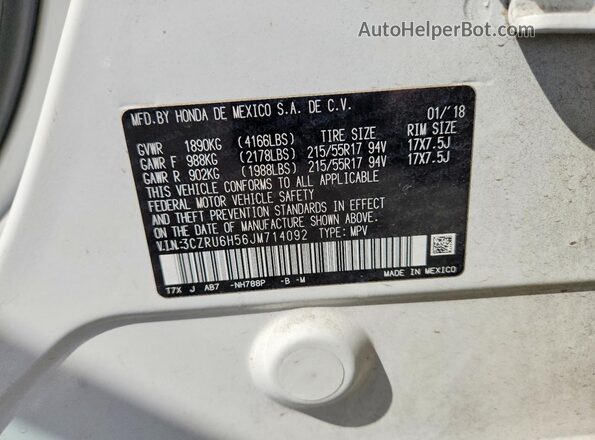 3CZRU6H56JM714092 2018 HONDA HR-V White 
