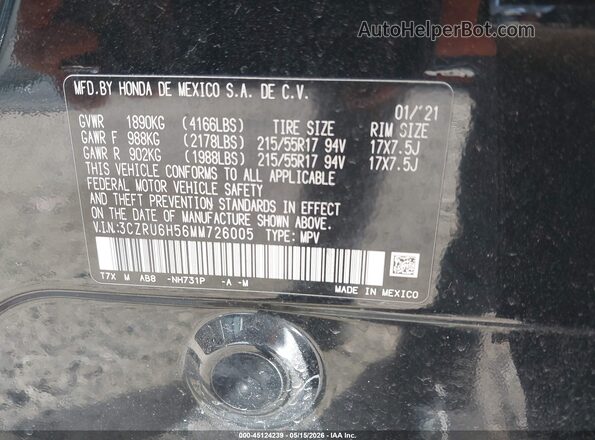 3CZRU6H56MM726005 2021 HONDA HR-V Black ძრავის განყოფილების ხედი