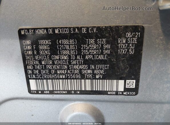 3CZRU6H56MM755696 2021 HONDA HR-V Silver Vista del compartimento del motor