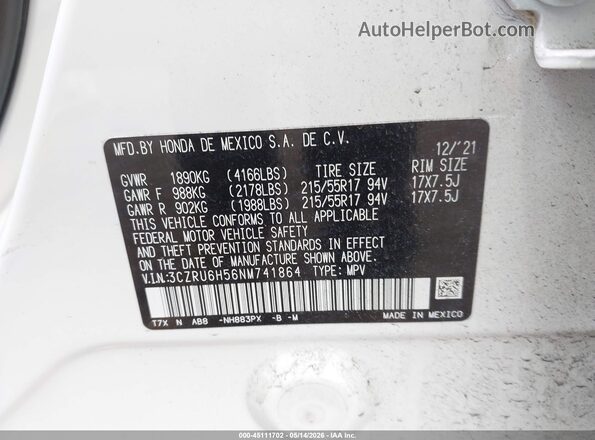 3CZRU6H56NM741864 2022 HONDA HR-V Белый 