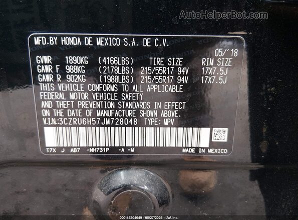 3CZRU6H57JM728048 2018 HONDA HR-V Black ძრავის განყოფილების ხედი