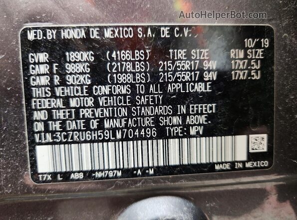 3CZRU6H59LM704496 2020 HONDA HR-V Gray 