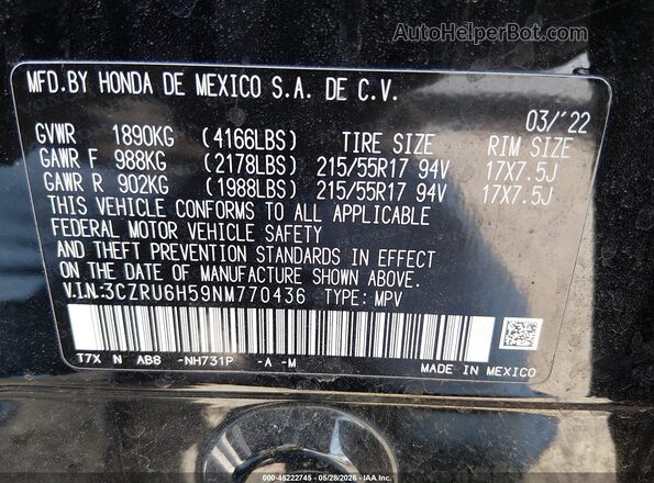 3CZRU6H59NM770436 2022 HONDA HR-V Black Շարժիչի բաժամունքի տեսք