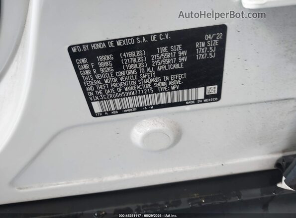 3CZRU6H59NM771215 2022 HONDA HR-V White Engine compartment view