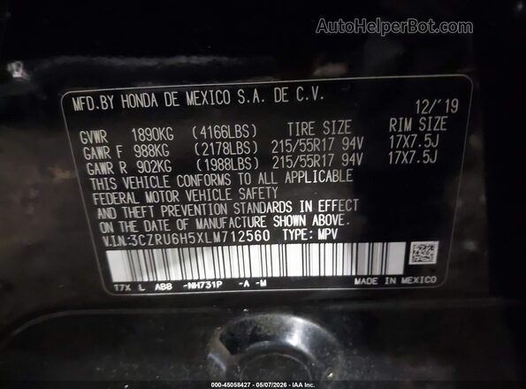 3CZRU6H5XLM712560 2020 HONDA HR-V Black Widok komory silnika