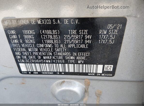 3CZRU6H5XMM742868 2021 HONDA HR-V Silver Вид підкапотного простору