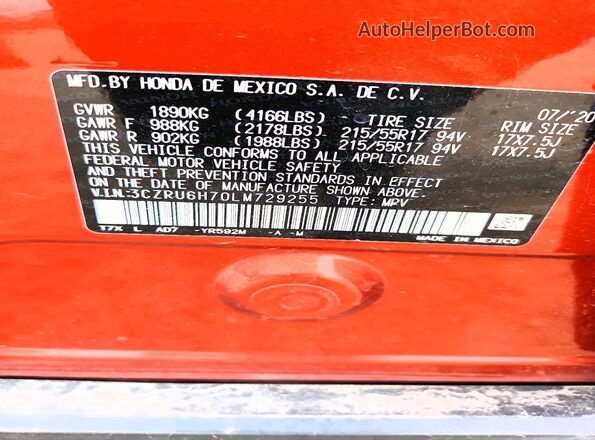 3CZRU6H70LM729255 2020 HONDA HR-V Orange ძრავის განყოფილების ხედი