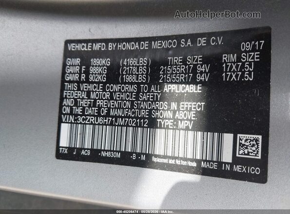 3CZRU6H71JM702112 2018 HONDA HR-V Silver Engine compartment view