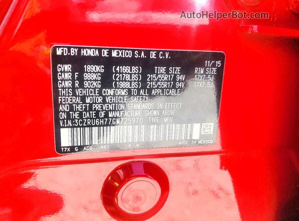 3CZRU6H77GM725970 2016 HONDA HR-V Red 