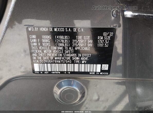 3CZRU6H78NM757940 2022 HONDA HR-V Gray Engine compartment view