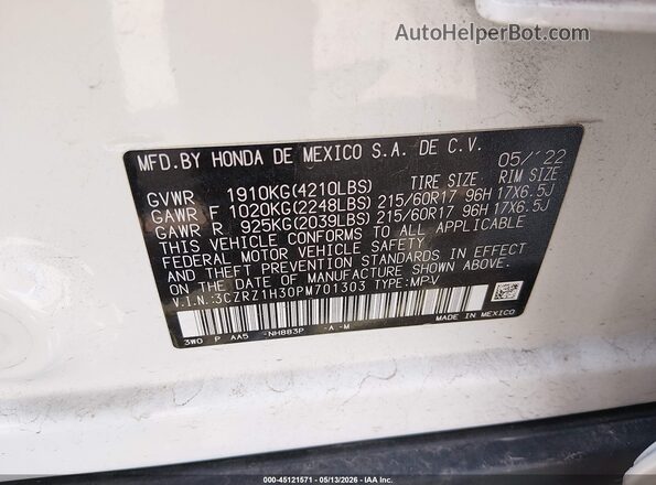 3CZRZ1H30PM701303 2023 HONDA HR-V White Widok komory silnika