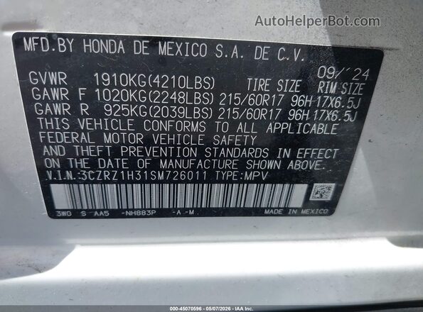 3CZRZ1H31SM726011 2025 HONDA HR-V White Engine compartment view