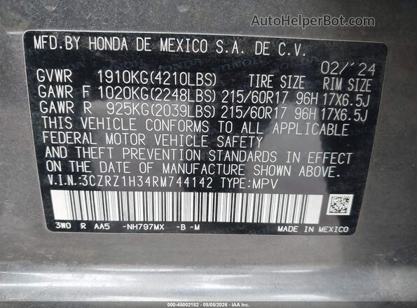 3CZRZ1H34RM744142 2024 HONDA HR-V Серый Вид подкапотного пространства