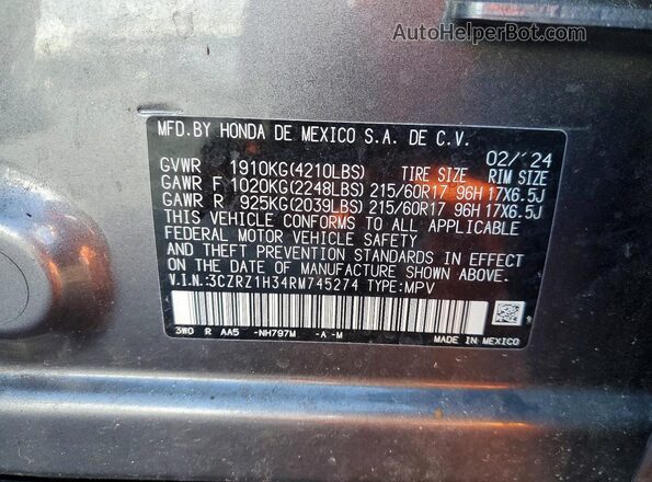 3CZRZ1H34RM745274 2024 HONDA HR-V Charcoal Engine compartment view
