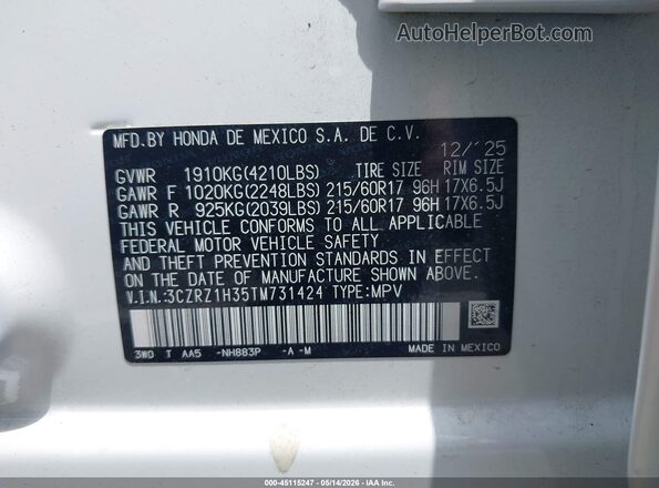3CZRZ1H35TM731424 2026 HONDA HR-V White Engine compartment view