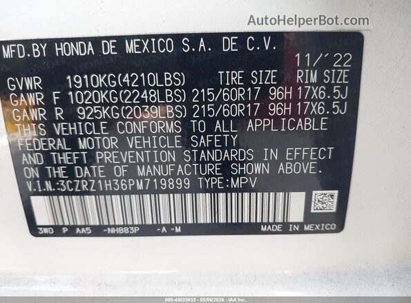 3CZRZ1H36PM719899 2023 HONDA HR-V Белый 
