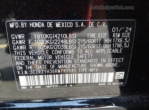 3CZRZ1H36RM740545 2024 HONDA HR-V Black 