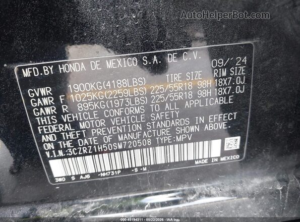 3CZRZ1H50SM720508 2025 HONDA HR-V Black ძრავის განყოფილების ხედი