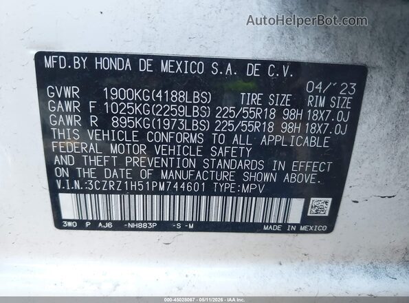 3CZRZ1H51PM744601 2023 HONDA HR-V White 
