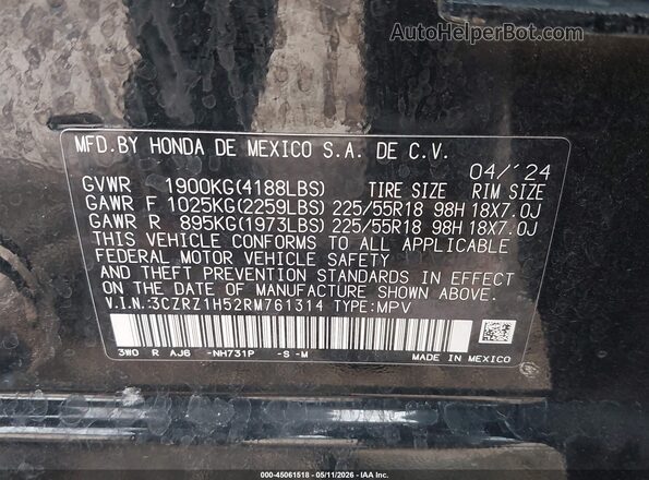 3CZRZ1H52RM761314 2024 HONDA HR-V Black Շարժիչի բաժամունքի տեսք