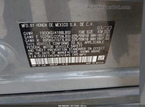 3CZRZ1H53PM741845 2023 HONDA HR-V Gray Vista del compartimento del motor
