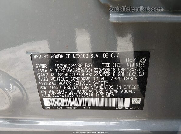 3CZRZ1H53TM708578 2026 HONDA HR-V Gray Engine compartment view