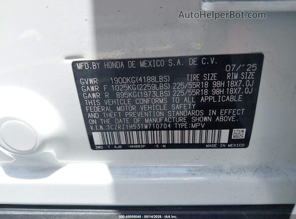 3CZRZ1H53TM710704 2026 HONDA HR-V White Widok komory silnika