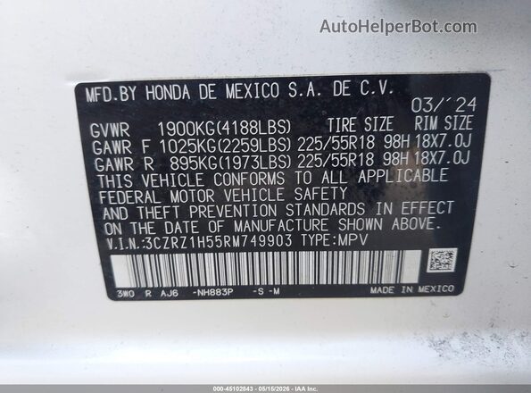 3CZRZ1H55RM749903 2024 HONDA HR-V White Вид підкапотного простору
