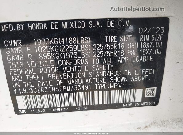 3CZRZ1H59PM733491 2023 HONDA HR-V White Engine compartment view