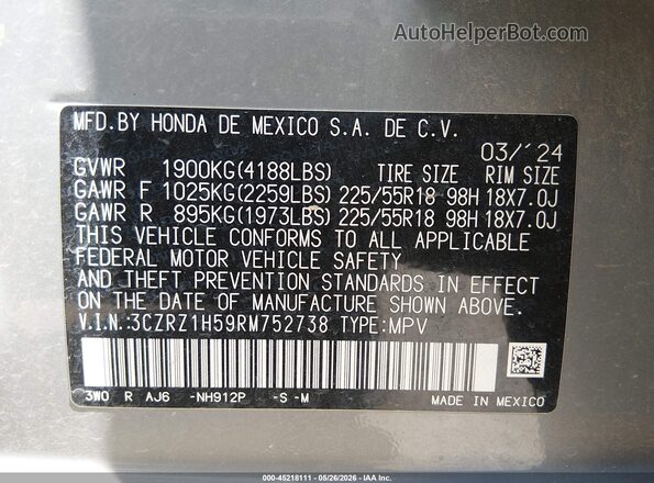 3CZRZ1H59RM752738 2024 HONDA HR-V Серый Вид подкапотного пространства