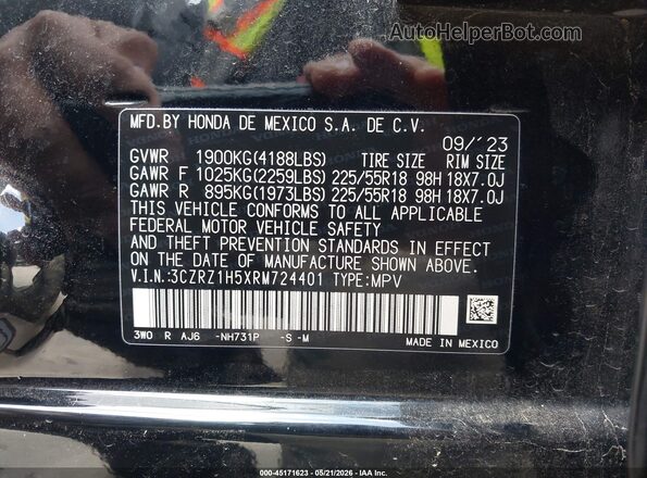 3CZRZ1H5XRM724401 2024 HONDA HR-V Black ძრავის განყოფილების ხედი