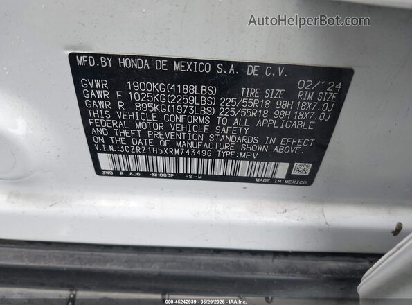3CZRZ1H5XRM743496 2024 HONDA HR-V White Vista del compartimento del motor