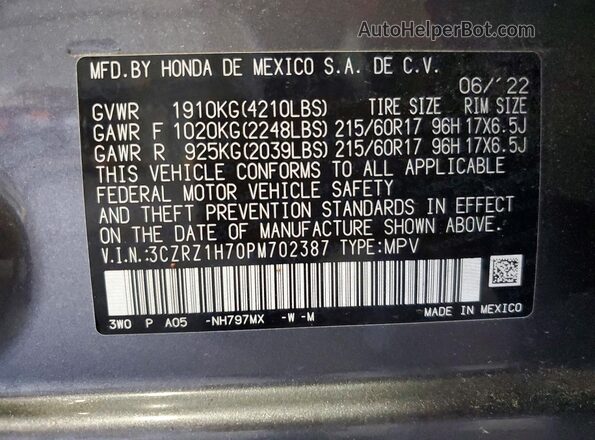 3CZRZ1H70PM702387 2023 HONDA HR-V Gray Vista interior de 360 grados