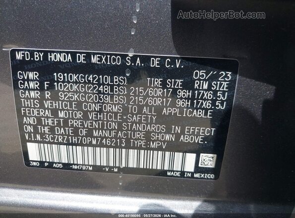 3CZRZ1H70PM746213 2023 HONDA HR-V Gray ძრავის განყოფილების ხედი