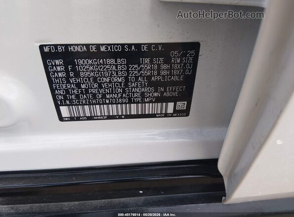3CZRZ1H70TM703890 2026 HONDA HR-V White Շարժիչի բաժամունքի տեսք