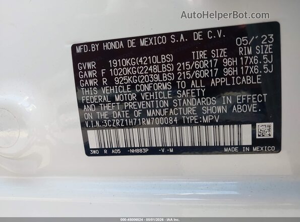 3CZRZ1H71RM700084 2024 HONDA HR-V White Vista del compartimento del motor