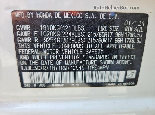 3CZRZ1H71RM742545 2024 HONDA HR-V White VIN sticker view