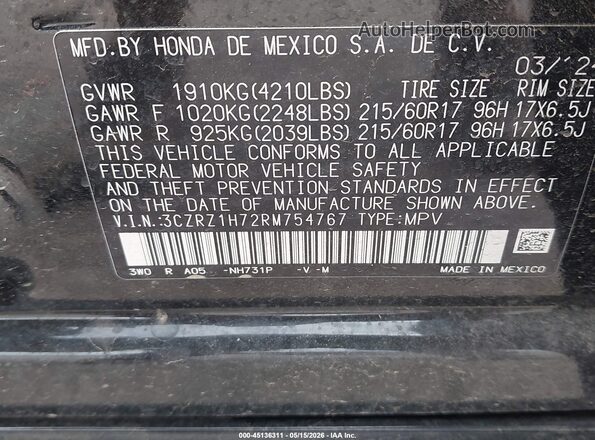 3CZRZ1H72RM754767 2024 HONDA HR-V Black ძრავის განყოფილების ხედი