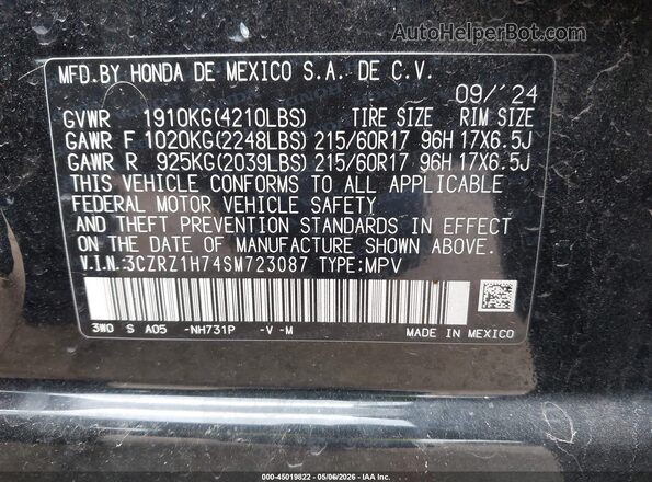 3CZRZ1H74SM723087 2025 HONDA HR-V Black Engine compartment view