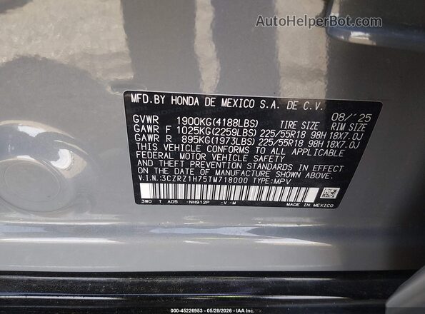 3CZRZ1H75TM718000 2026 HONDA HR-V Gray Շարժիչի բաժամունքի տեսք