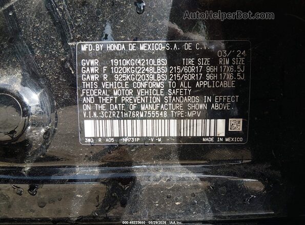 3CZRZ1H76RM755548 2024 HONDA HR-V Черный Вид подкапотного пространства