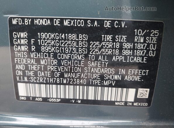 3CZRZ1H78TM723840 2026 HONDA HR-V Gray Շարժիչի բաժամունքի տեսք