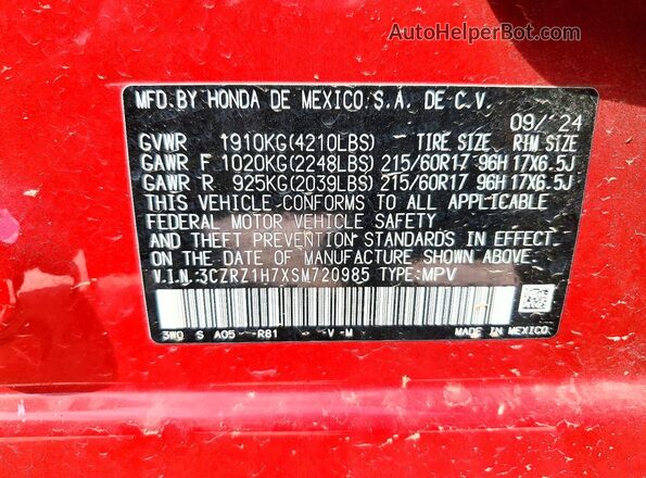 3CZRZ1H7XSM720985 2025 HONDA HR-V Red 