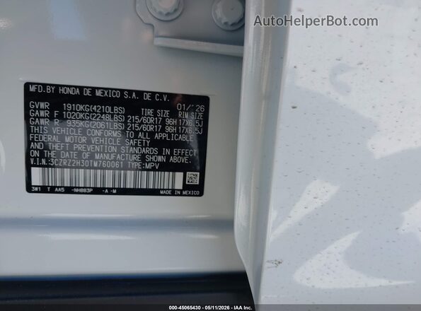 3CZRZ2H30TM760061 2026 HONDA HR-V White Widok komory silnika