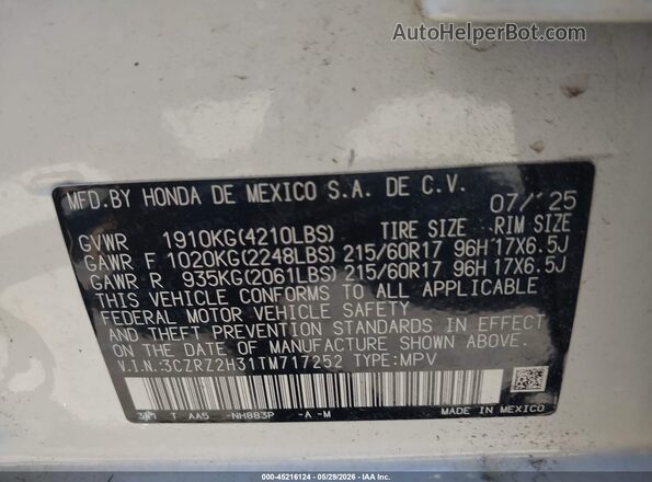 3CZRZ2H31TM717252 2026 HONDA HR-V White Widok komory silnika