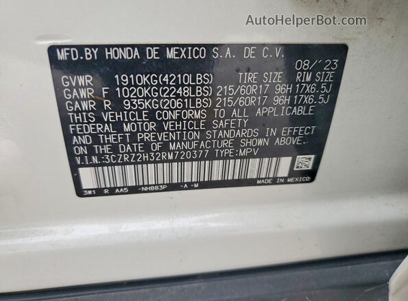 3CZRZ2H32RM720377 2024 HONDA HR-V White Widok naklejki z numerem VIN