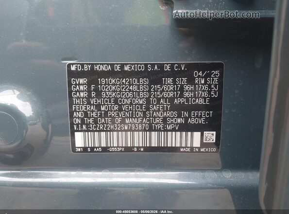 3CZRZ2H32SM793870 2025 HONDA HR-V Light Blue 