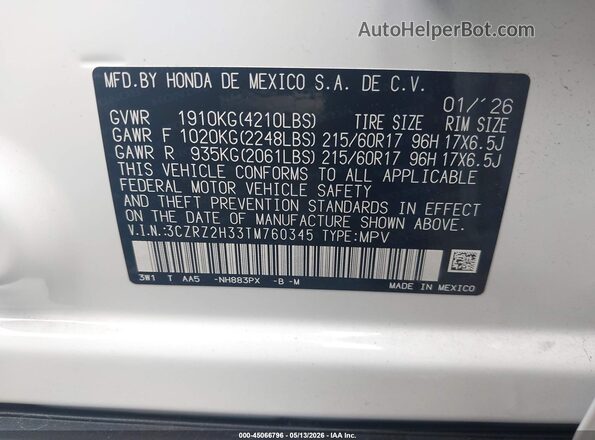 3CZRZ2H33TM760345 2026 HONDA HR-V White Engine compartment view